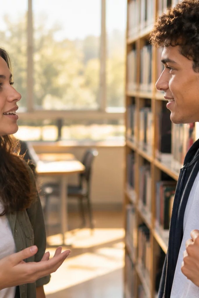 Duas participantes de pé conversando no corredor entre prateleiras de livros
